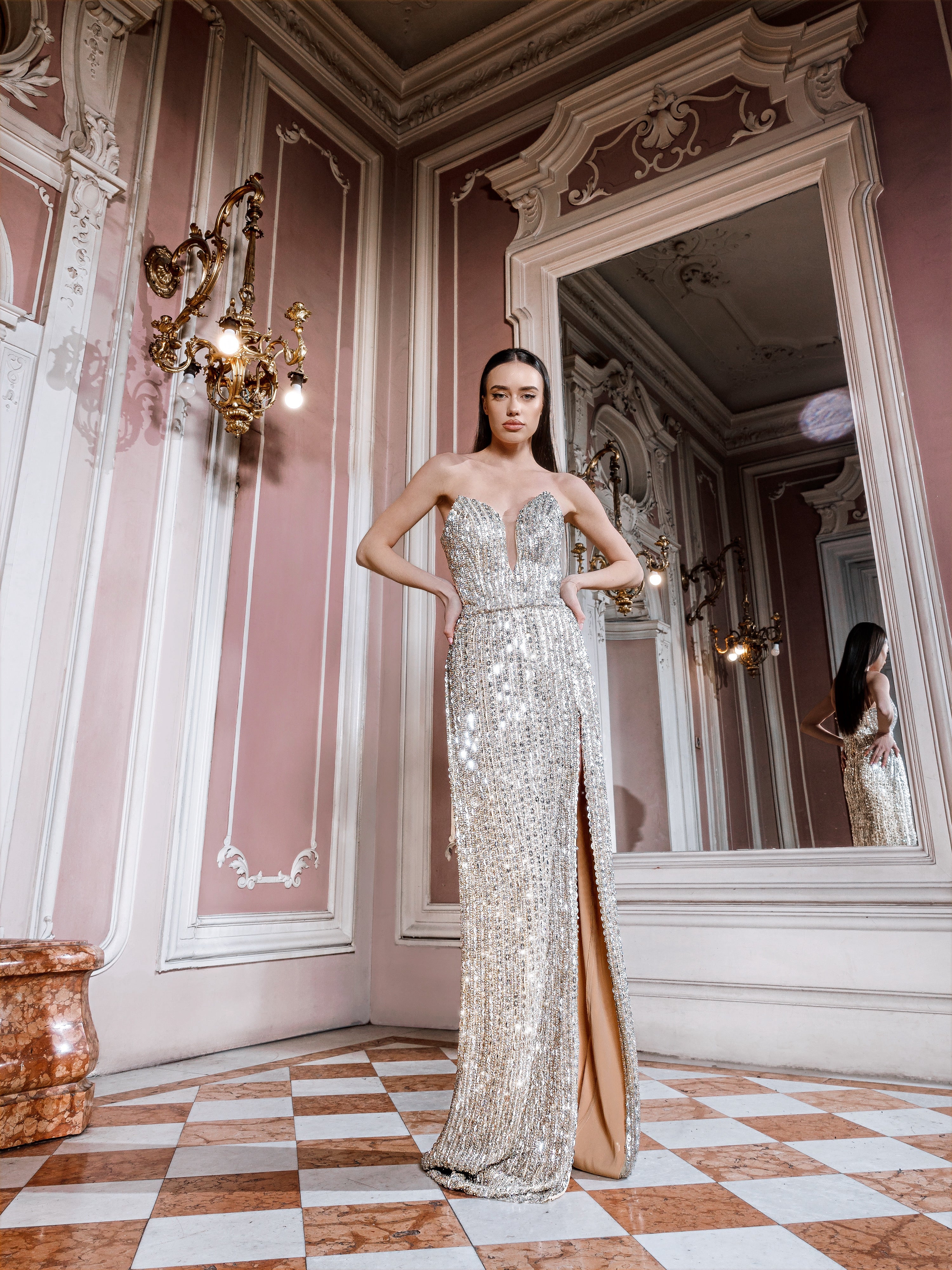 Christelle  Silver Crystal Beaded Gown | Evening Dresses by Caviar Couture   Caviar Couture